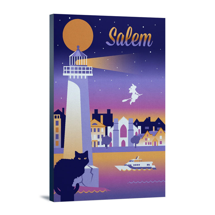 Salem, Massachusetts, Retro Skyline Chromatic Series, Lantern Press Artwork, Stretched Canvas Canvas Lantern Press 12x18 Stretched Canvas 