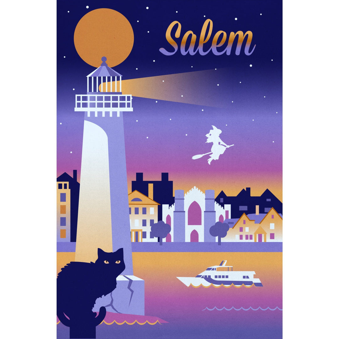 Salem, Massachusetts, Retro Skyline Chromatic Series, Lantern Press Artwork, Towels and Aprons Kitchen Lantern Press 