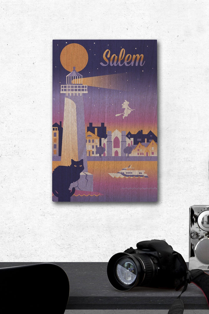 Salem, Massachusetts, Retro Skyline Chromatic Series, Lantern Press Artwork, Wood Signs and Postcards Wood Lantern Press 12 x 18 Wood Gallery Print 