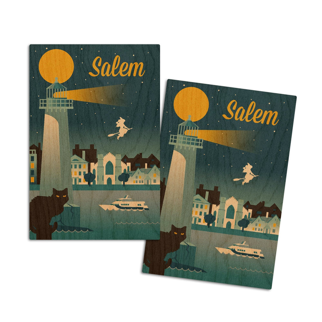 Salem, Massachusetts, Retro Skyline Classic Series, Lantern Press Artwork, Wood Signs and Postcards Wood Lantern Press 4x6 Wood Postcard Set 