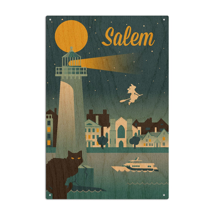 Salem, Massachusetts, Retro Skyline Classic Series, Lantern Press Artwork, Wood Signs and Postcards Wood Lantern Press 6x9 Wood Sign 