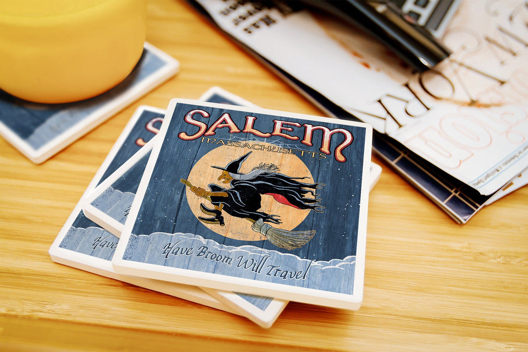 Salem, Massachusetts, Witch Vintage Sign, Lantern Press Artwork, Coaster Set Coasters Lantern Press 
