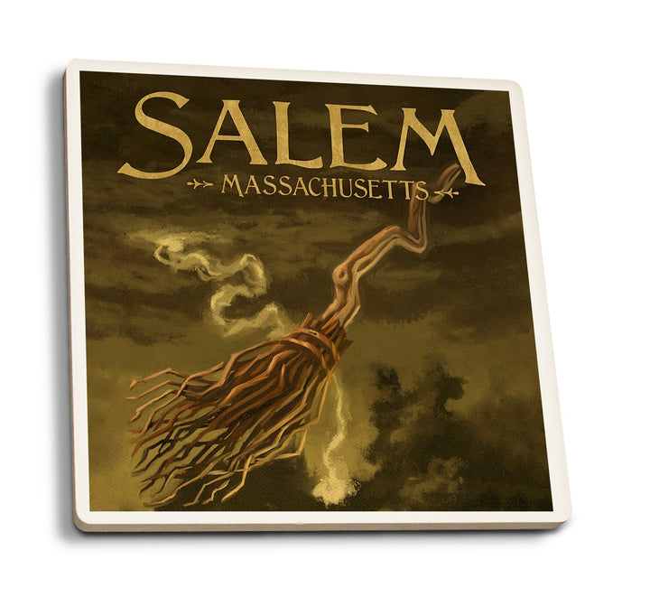 Salem, Massachusetts, Witch's Broom, Halloween Oil Painting, Lantern Press Artwork, Coaster Set Coasters Lantern Press 