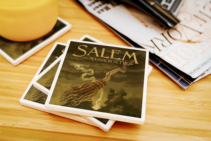Salem, Massachusetts, Witch's Broom, Halloween Oil Painting, Lantern Press Artwork, Coaster Set Coasters Lantern Press 