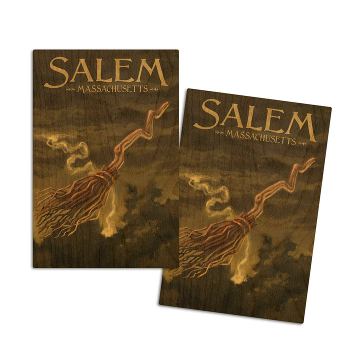Salem, Massachusetts, Witch's Broom, Halloween Oil Painting, Lantern Press Artwork, Wood Signs and Postcards Wood Lantern Press 4x6 Wood Postcard Set 
