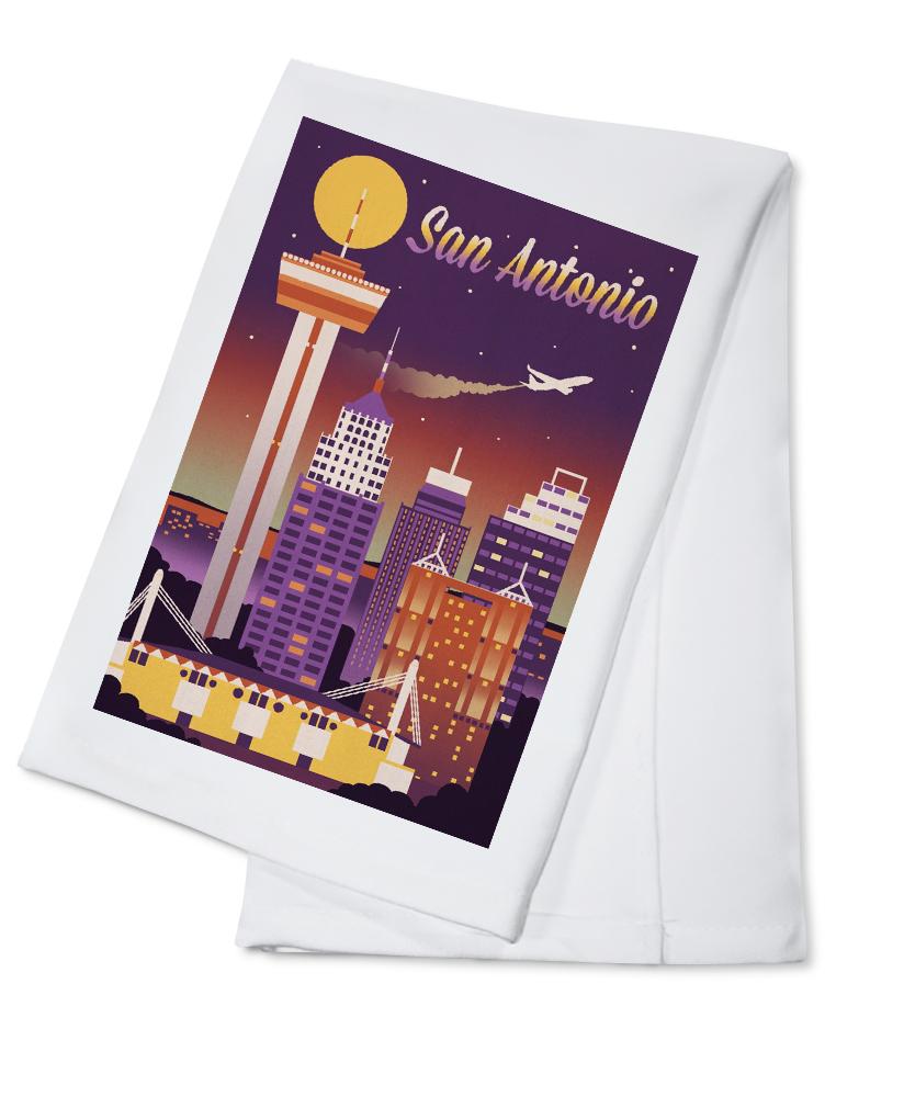 San Antonio, Texas, Retro Skyline Chromatic Series, Lantern Press Artwork, Towels and Aprons Kitchen Lantern Press 