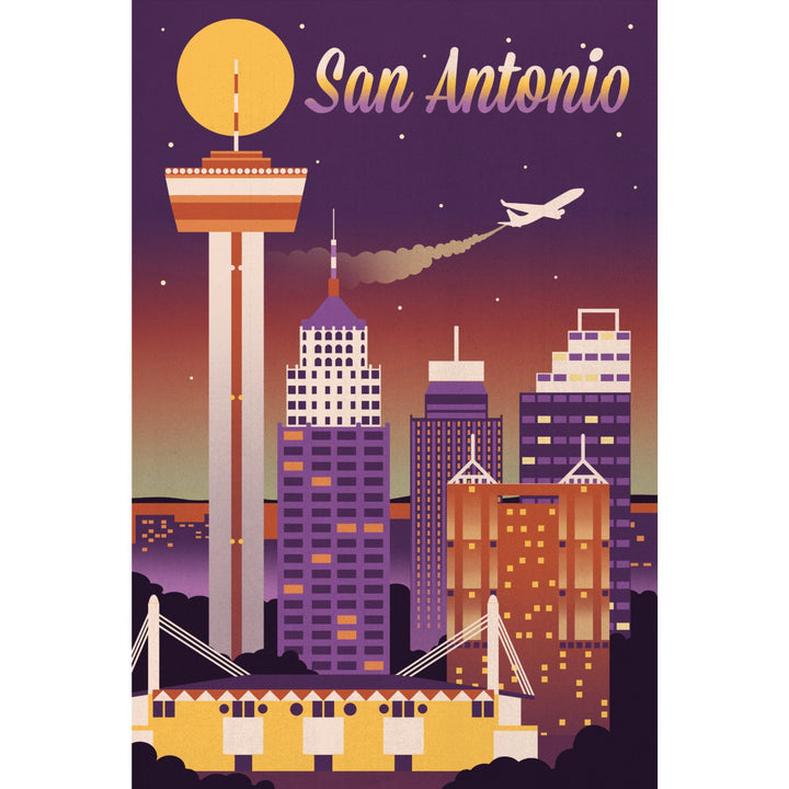 San Antonio, Texas, Retro Skyline Chromatic Series, Lantern Press Artwork, Towels and Aprons Kitchen Lantern Press 