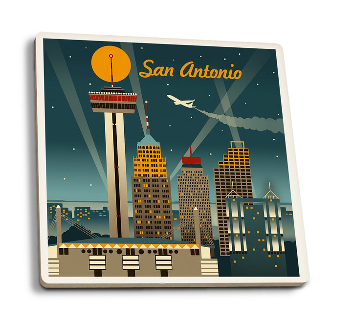 San Antonio, Texas, Retro Skyline, Lantern Press Artwork, Coaster Set Coasters Lantern Press 