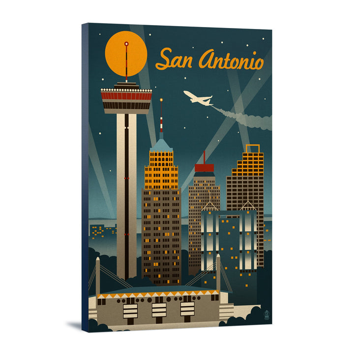 San Antonio, Texas, Retro Skyline, Lantern Press Artwork, Stretched Canvas Canvas Lantern Press 12x18 Stretched Canvas 