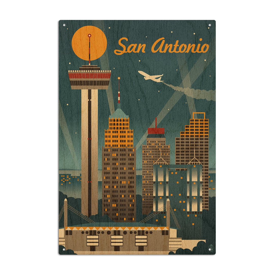 San Antonio, Texas, Retro Skyline, Lantern Press Artwork, Wood Signs and Postcards Wood Lantern Press 10 x 15 Wood Sign 