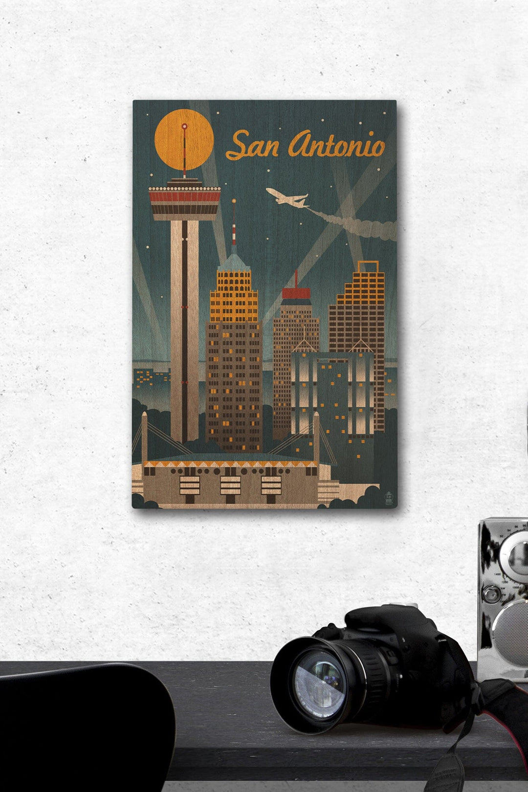 San Antonio, Texas, Retro Skyline, Lantern Press Artwork, Wood Signs and Postcards Wood Lantern Press 12 x 18 Wood Gallery Print 