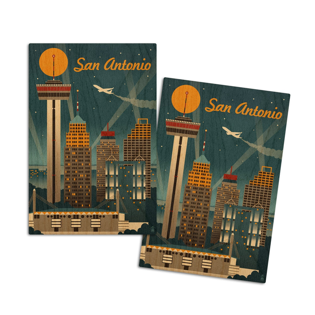 San Antonio, Texas, Retro Skyline, Lantern Press Artwork, Wood Signs and Postcards Wood Lantern Press 4x6 Wood Postcard Set 