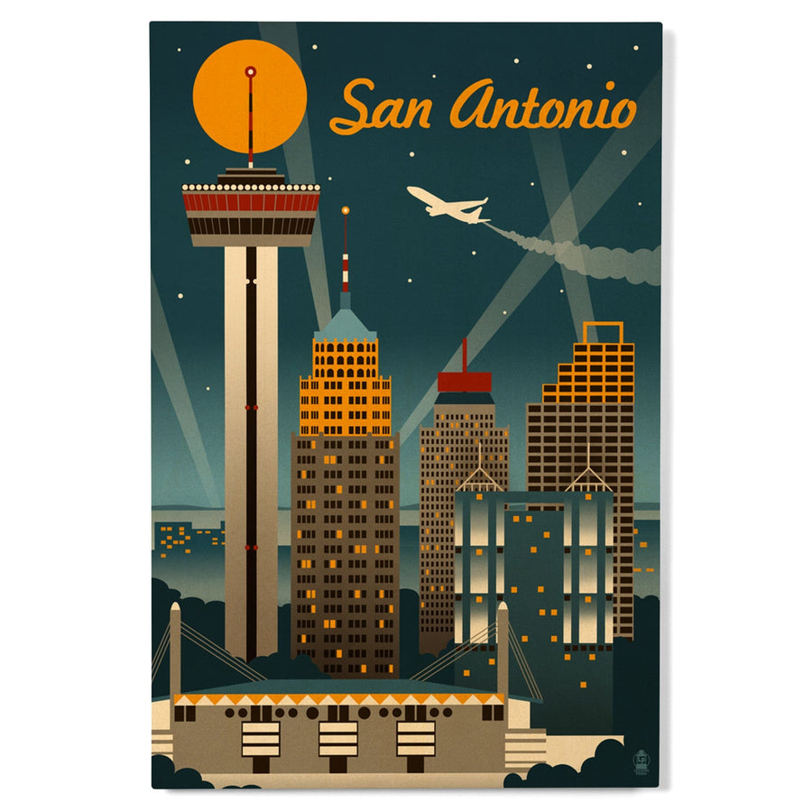 San Antonio, Texas, Retro Skyline, Lantern Press Artwork, Wood Signs and Postcards Wood Lantern Press 
