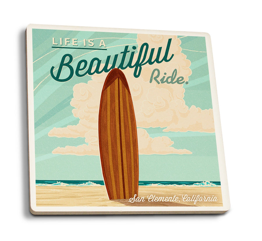 San Clemente, California, Surf Board Letterpress, Life is a Beautiful Ride, Lantern Press, Coaster Set Coasters Lantern Press 