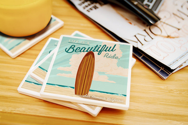 San Clemente, California, Surf Board Letterpress, Life is a Beautiful Ride, Lantern Press, Coaster Set Coasters Lantern Press 