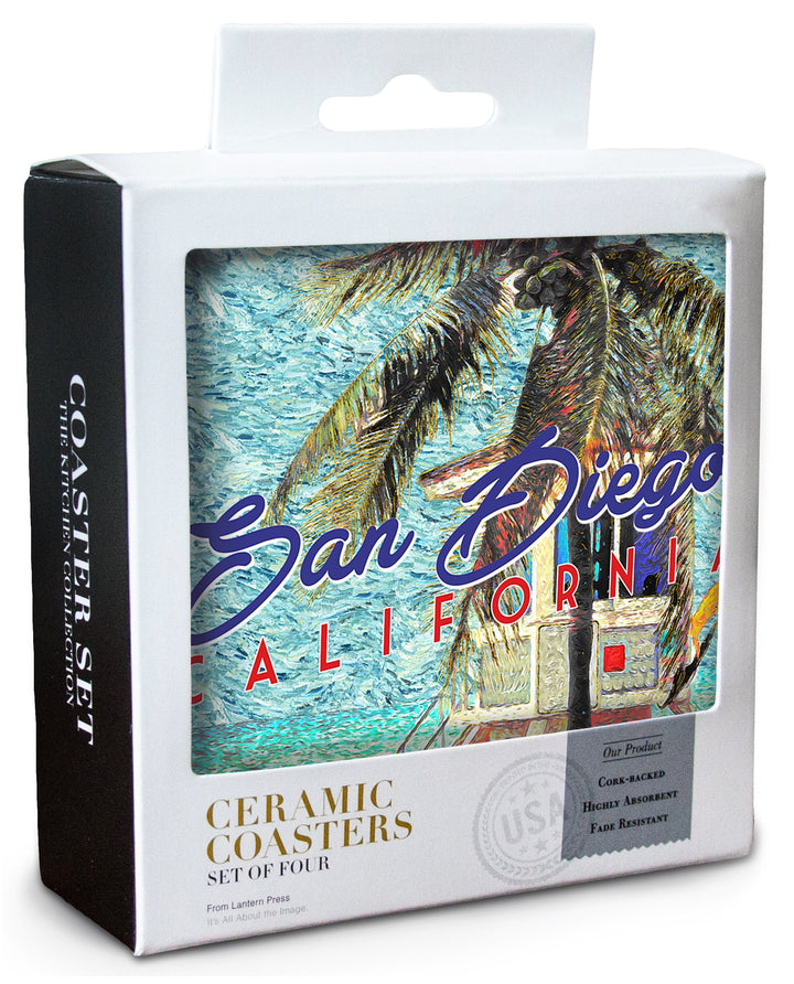 San Diego, California, Beach & Lifeguard Shack, Van Gogh Style, Contour, Lantern Press Artwork, Coaster Set Coasters Lantern Press 