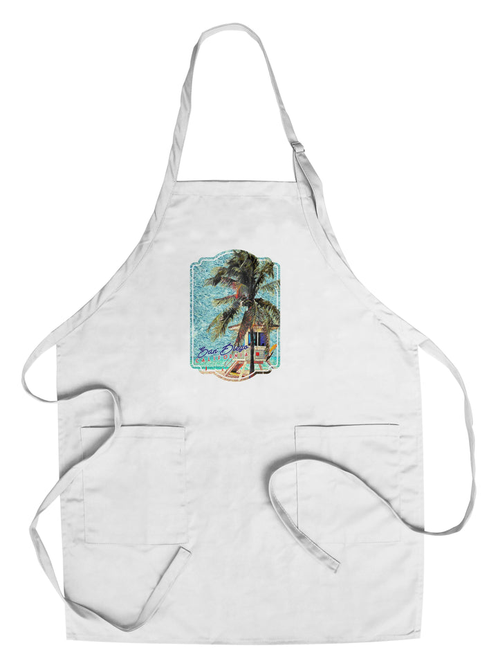 San Diego, California, Beach & Lifeguard Shack, Van Gogh Style, Contour, Lantern Press Artwork, Towels and Aprons Kitchen Lantern Press Chef's Apron 