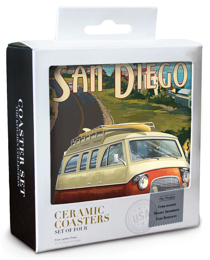 San Diego, California, Camper Van, Lantern Press Artwork, Coaster Set Coasters Lantern Press 