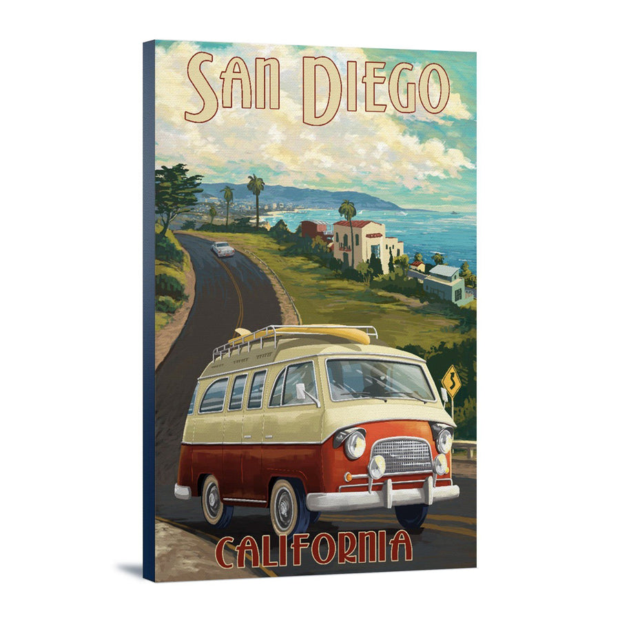San Diego, California, Camper Van, Lantern Press Artwork, Stretched Canvas Canvas Lantern Press 