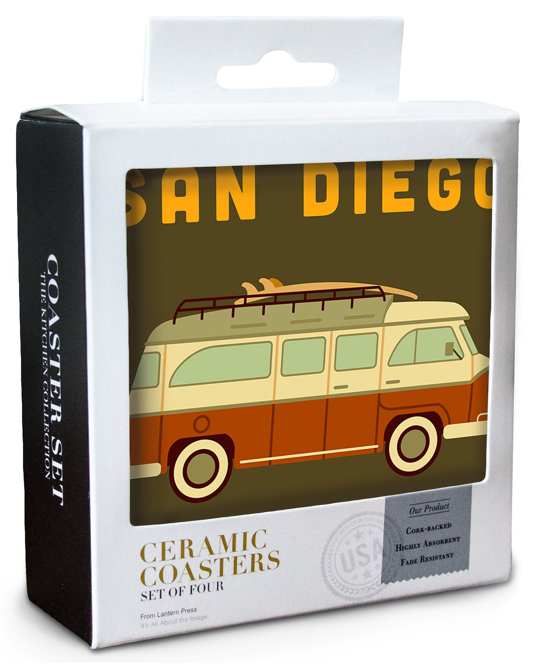 San Diego, California, Camper Van with Surfboard, Geometric, Lantern Press Artwork, Coaster Set Coasters Lantern Press 