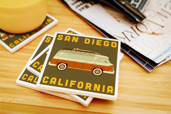 San Diego, California, Camper Van with Surfboard, Geometric, Lantern Press Artwork, Coaster Set Coasters Lantern Press 