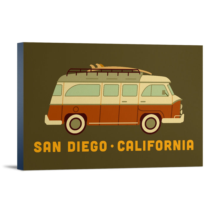 San Diego, California, Camper Van with Surfboard, Geometric, Lantern Press Artwork, Stretched Canvas Canvas Lantern Press 12x18 Stretched Canvas 
