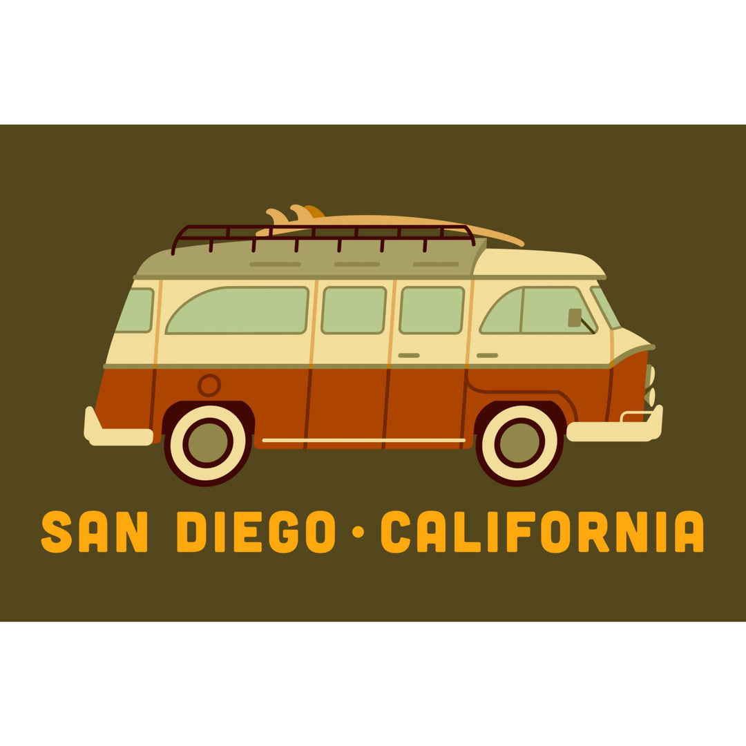 San Diego, California, Camper Van with Surfboard, Geometric, Lantern Press Artwork, Stretched Canvas Canvas Lantern Press 