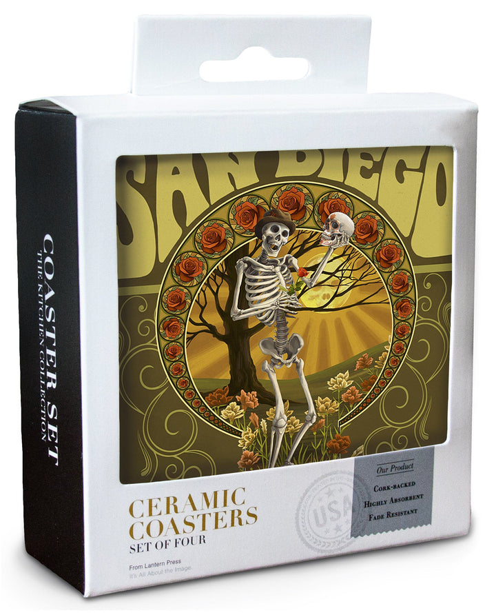 San Diego, California, Day of the Dead, Skeleton Holding Sugar Skull, Lantern Press Artwork, Coaster Set Coasters Lantern Press 
