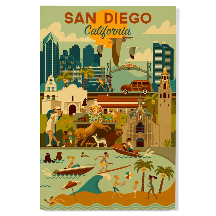 San Diego, California, Geometric, Lantern Press Artwork, Wood Signs and Postcards Wood Lantern Press 