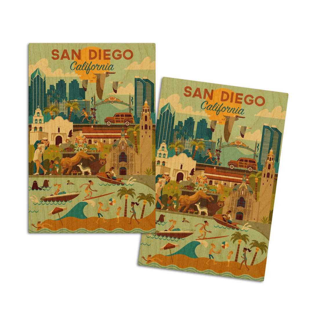 San Diego, California, Geometric, Lantern Press Artwork, Wood Signs and Postcards Wood Lantern Press 4x6 Wood Postcard Set 