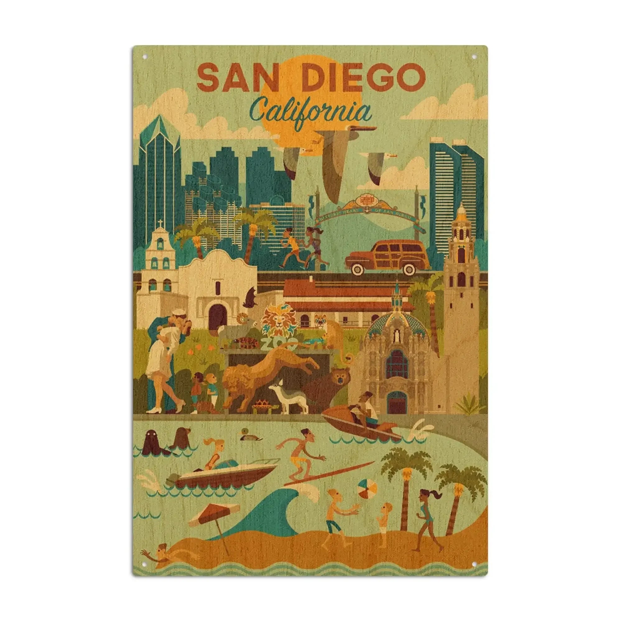 San Diego, California, Geometric, Lantern Press Artwork, Wood Signs an