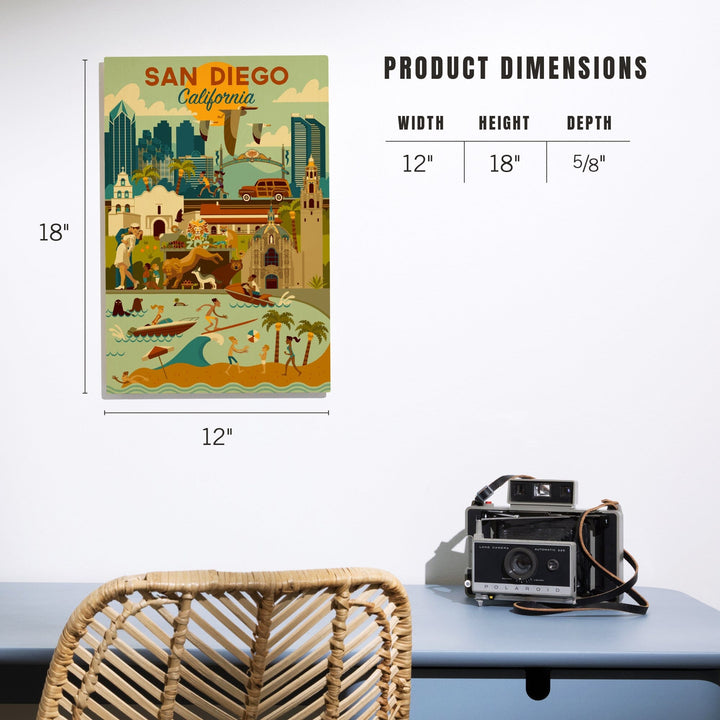 San Diego, California, Geometric, Lantern Press Artwork, Wood Signs and Postcards Wood Lantern Press 