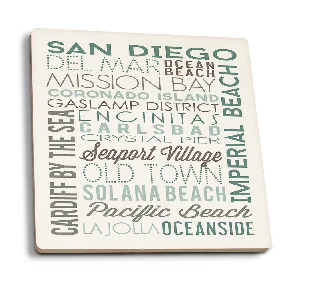 San Diego, California, Green Typography, Lantern Press Artwork, Coaster Set Coasters Lantern Press 