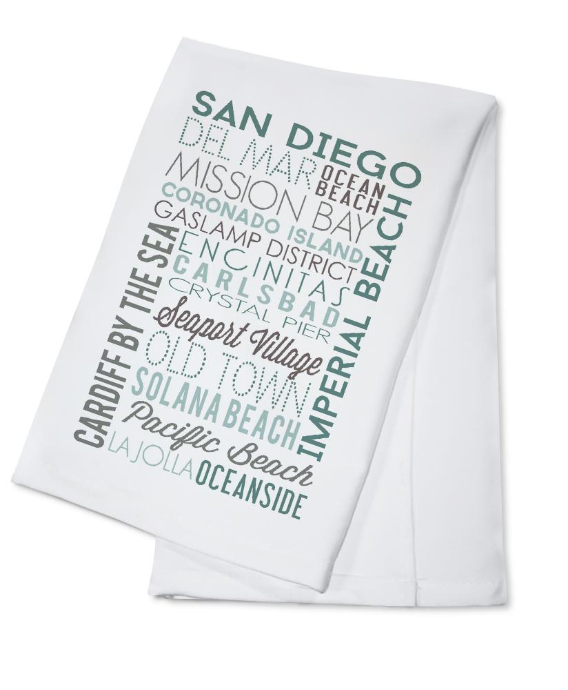 San Diego, California, Green Typography, Lantern Press Artwork, Towels and Aprons Kitchen Lantern Press Cotton Towel 