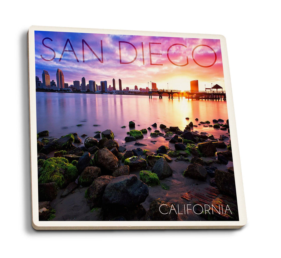 San Diego, California, Ocean & Skyline at Sunset, Lantern Press Artwork, Coaster Set Coasters Lantern Press 