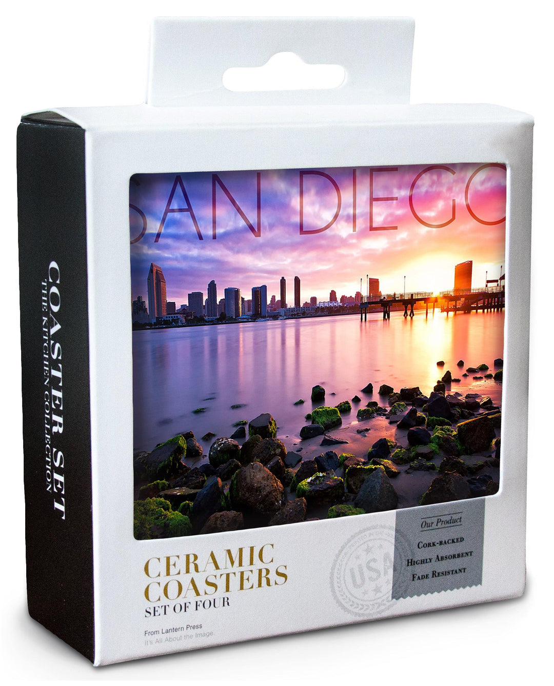 San Diego, California, Ocean & Skyline at Sunset, Lantern Press Artwork, Coaster Set Coasters Lantern Press 