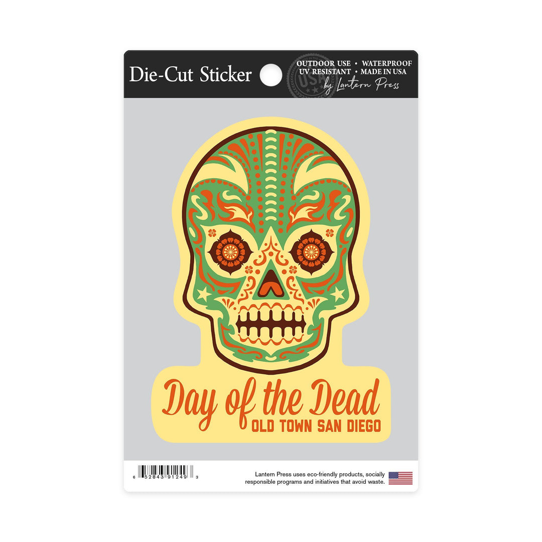 San Diego, California, Old Town, Day of the Dead, Sugar Skull Mask, Contour, Lantern Press Artwork, Vinyl Sticker Sticker Lantern Press 
