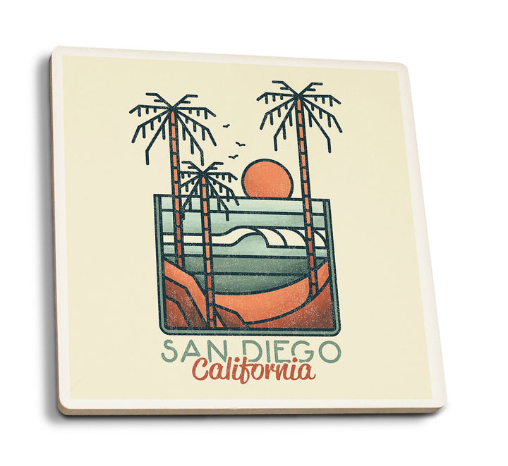 San Diego, California, Palm Trees & Beach Scene, Block Lines, Lantern Press Artwork, Coaster Set Coasters Lantern Press 