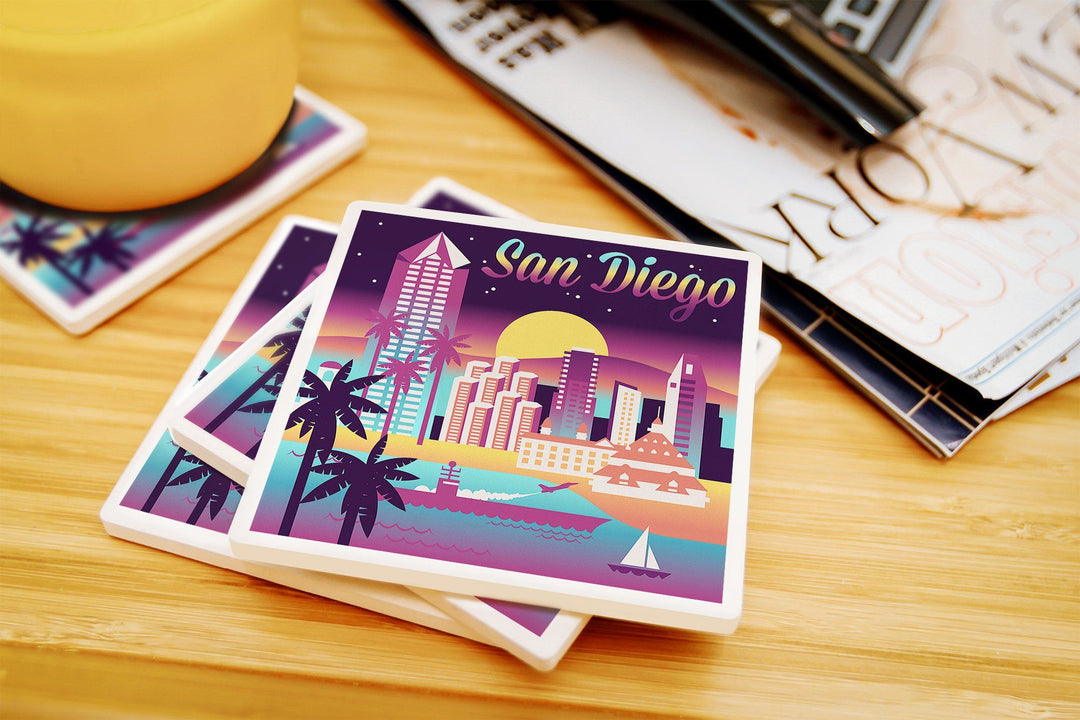 San Diego, California, Retro Skyline Chromatic Series, Lantern Press Artwork, Coaster Set Coasters Lantern Press 