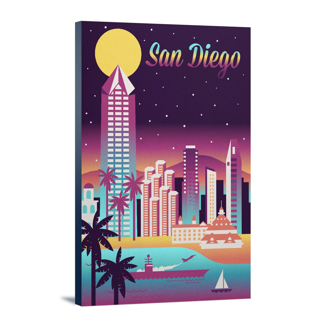 San Diego, California, Retro Skyline Chromatic Series, Lantern Press Artwork, Stretched Canvas Canvas Lantern Press 12x18 Stretched Canvas 