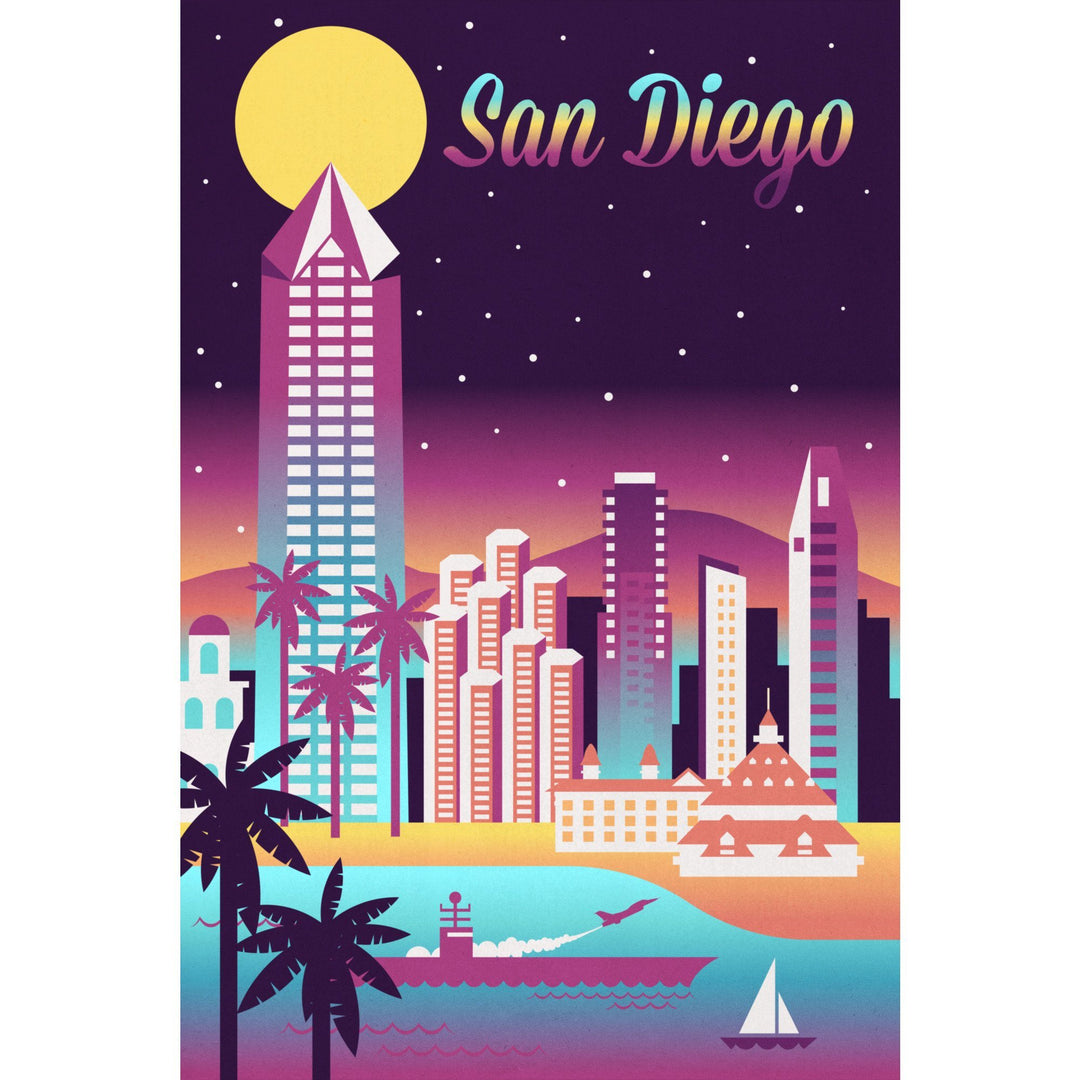 San Diego, California, Retro Skyline Chromatic Series, Lantern Press Artwork, Stretched Canvas Canvas Lantern Press 
