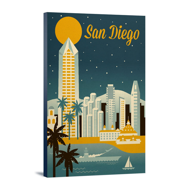 San Diego, California, Retro Skyline Series, Lantern Press Artwork, Stretched Canvas Canvas Lantern Press 12x18 Stretched Canvas 