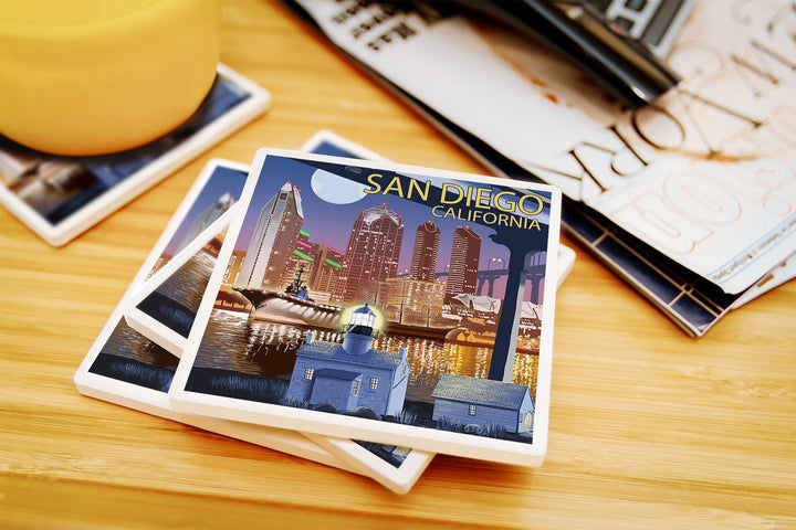 San Diego, California, Skyline at Night, Lantern Press Artwork, Coaster Set Coasters Lantern Press 