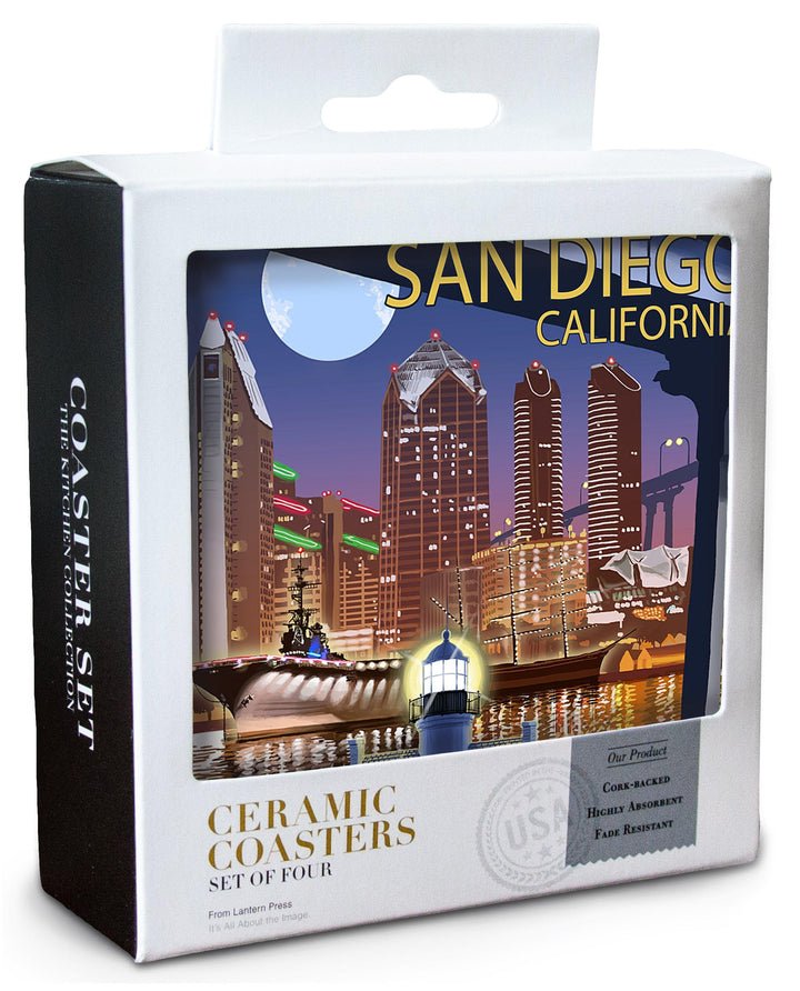 San Diego, California, Skyline at Night, Lantern Press Artwork, Coaster Set Coasters Lantern Press 