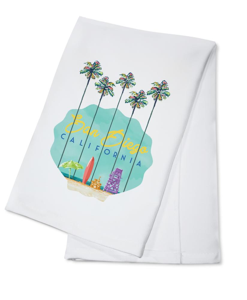 San Diego, California, Tall Palms Beach Scene, Contour, Lantern Press Artwork, Towels and Aprons Kitchen Lantern Press Cotton Towel 
