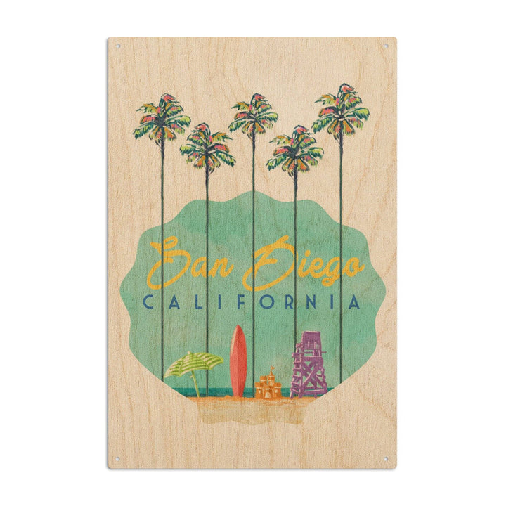 San Diego, California, Tall Palms Beach Scene, Contour, Lantern Press Artwork, Wood Signs and Postcards Wood Lantern Press 6x9 Wood Sign 