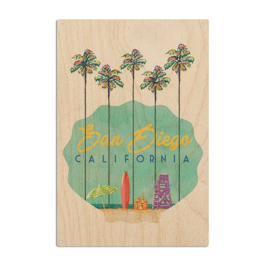 San Diego, California, Tall Palms Beach Scene, Contour, Lantern Press Artwork, Wood Signs and Postcards Wood Lantern Press 