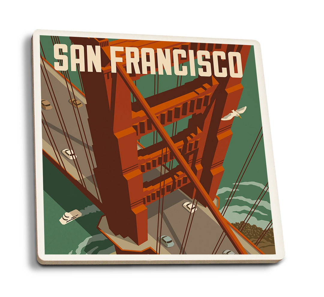 San Francisco, California, Golden Gate Bridge Aerial, Lantern Press Artwork, Coaster Set Coasters Lantern Press 
