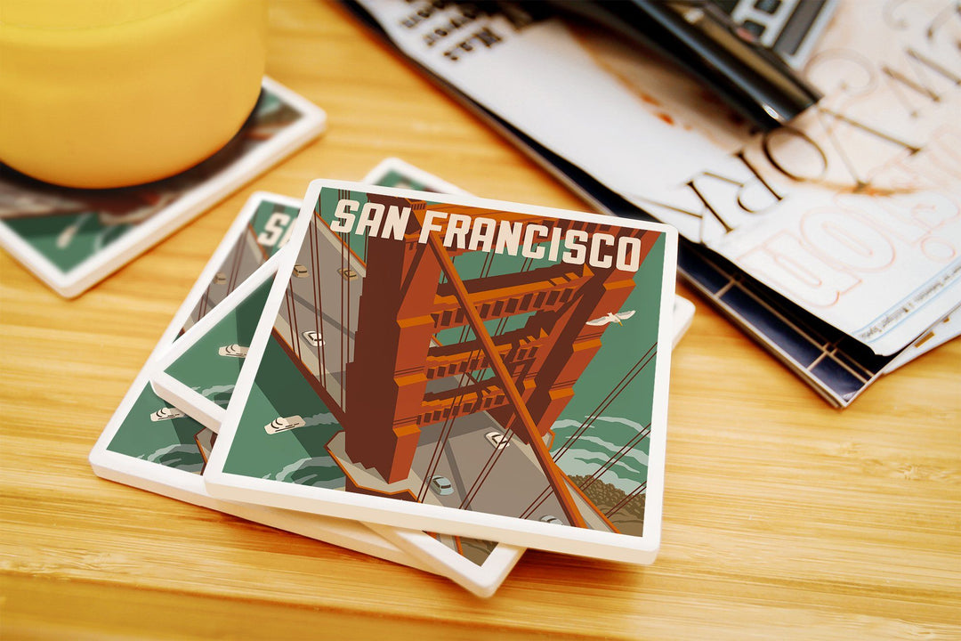 San Francisco, California, Golden Gate Bridge Aerial, Lantern Press Artwork, Coaster Set Coasters Lantern Press 