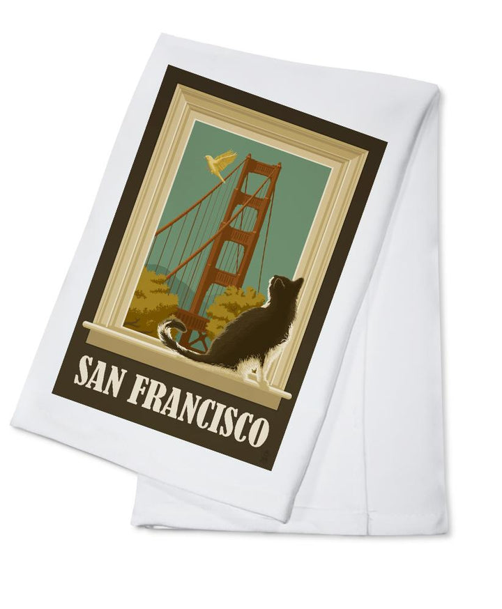 San Francisco, California, Golden Gate Bridge & Cat Window, Lantern Press Artwork, Towels and Aprons Kitchen Lantern Press Cotton Towel 